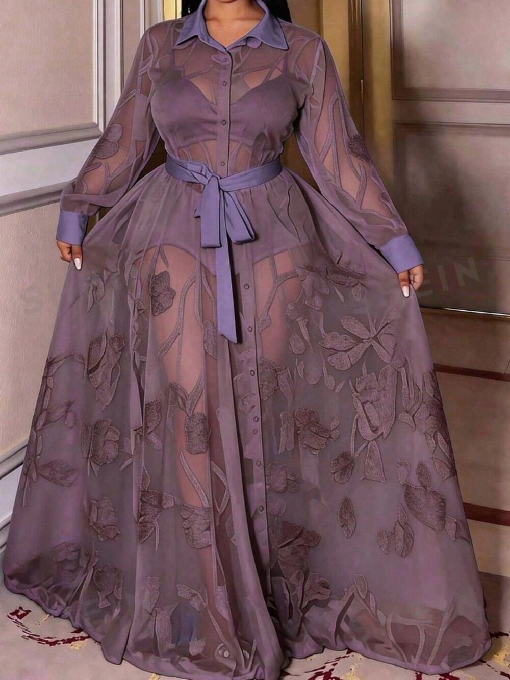 Purple Elegant Women's Plus Size Long Sleeve Front Button Sheer maxi Dress